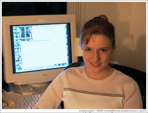 Eve by her computer, creating this web site.