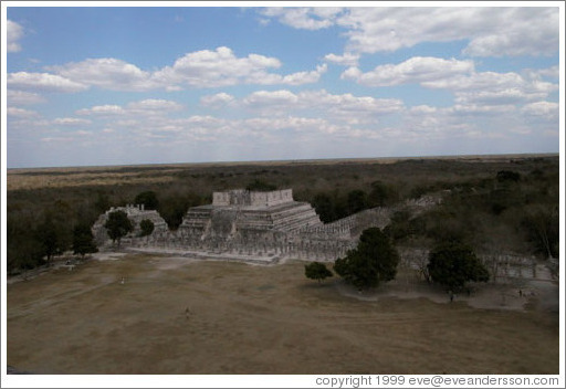 "Temple of the warriors," or "group of the thousand columns," as viewed from the top of the pyramid of Kukulc&aacute;n.  Chichen Itza.