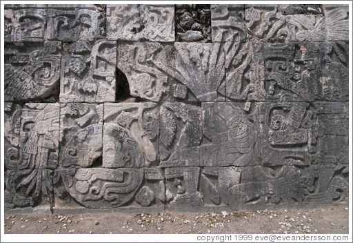 The blood spurting from the winner's neck is turning into snakes. Chichen Itza.