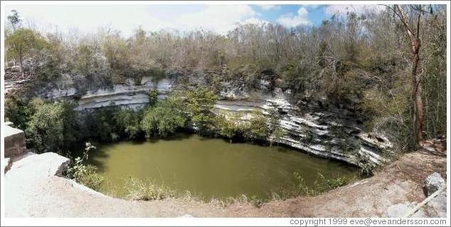 A panoramic shot of the "sacred well," or "well of the sacrifices." This is a natural well, or "cenote."   Chichen Itza.