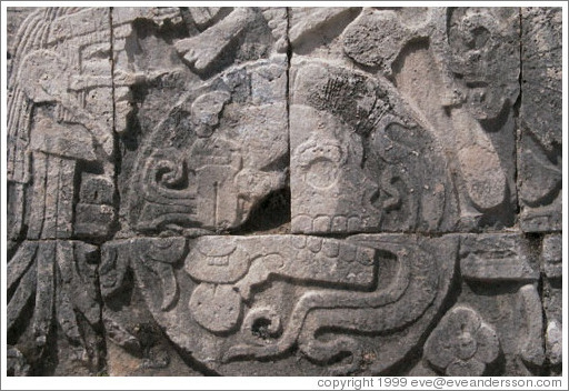 Closeup of skull beneath the winning team captain's prize ceremony.  Chichen Itza.