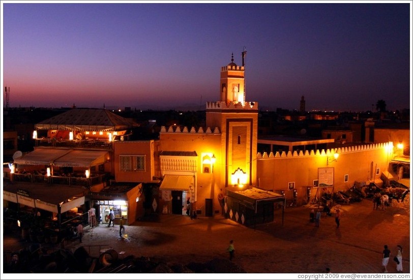 Mosque at sunset, Jemaa el Fna.