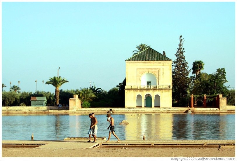 Boys swimming, Saadian garden pavilion, Menara gardens.