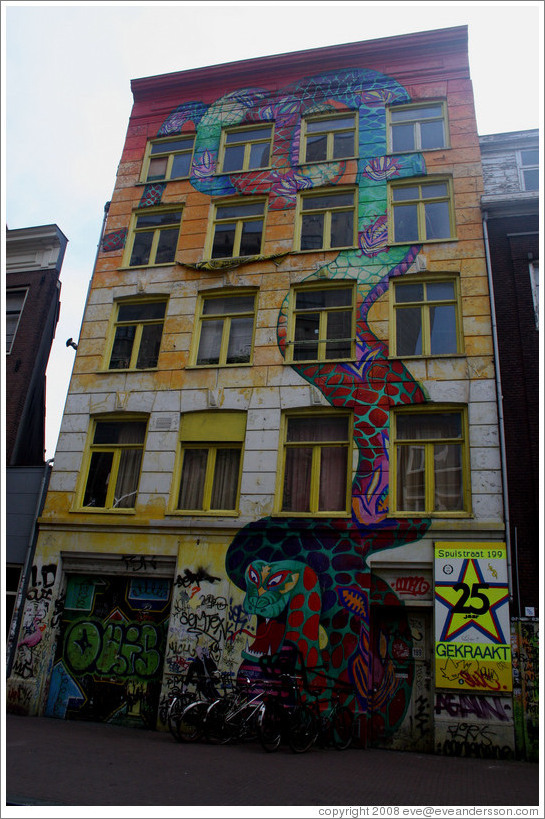 Snake painting on building.  Spuistraat, Centrum district.