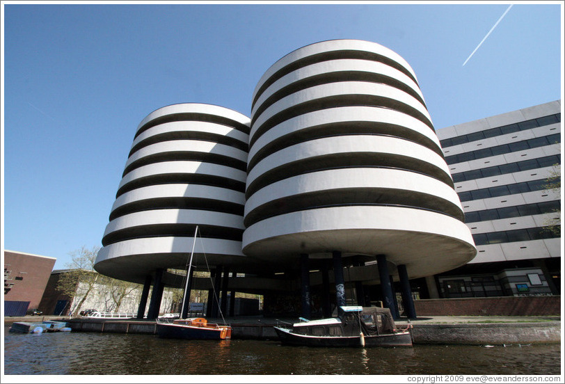 Parking garage near canal.  Leidsekade, Jordaan district.