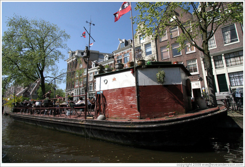Restaurant boat.  Prinsengracht, Jordaan district.
