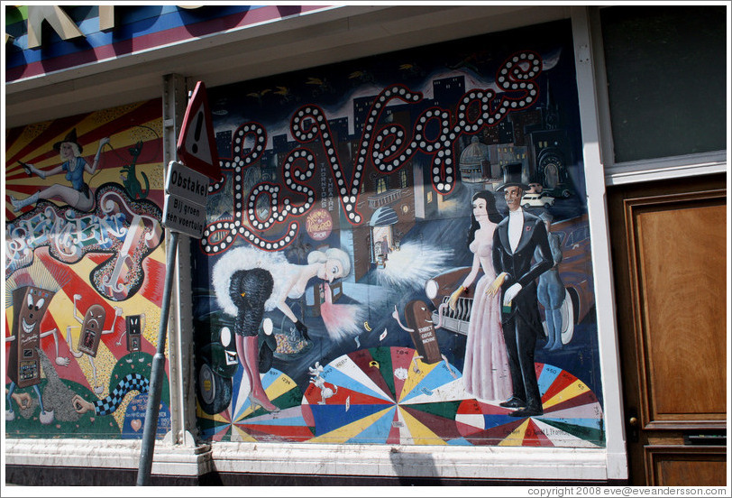 Casino on Oudezijds Achterburgwal and Oude Doelen with painting by Harold Thornton.  Red Light district.