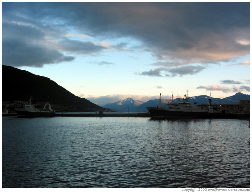 Mountains and ship.