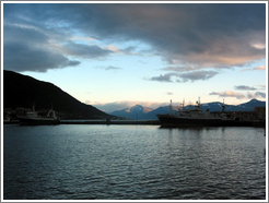 Mountains and ship.