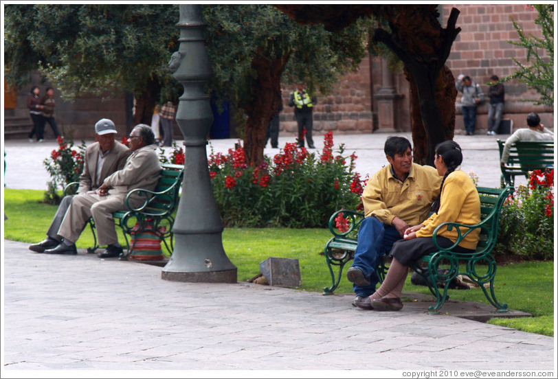 People on benches, Plaza de Armas.