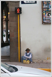 Woman sitting by pedestrian crossing signal.