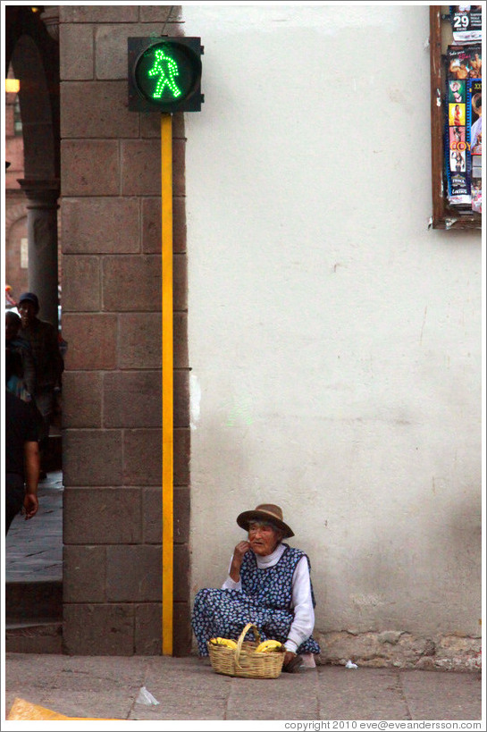 Woman sitting by pedestrian crossing signal.