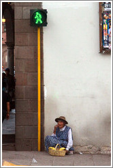 Woman sitting by pedestrian crossing signal.