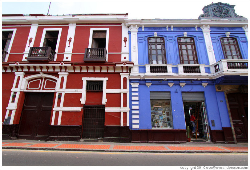 Red and blue buildings, Calle de Serrano, Historic Center of Lima.
