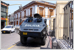 Police tank in front of Iglesia de San Francisco, Historic Center of Lima.