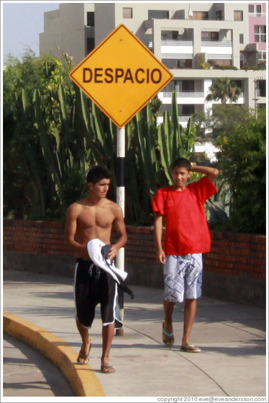 Boys standing near a "Despacio" sign, El Malec?Miraflores neighborhood.