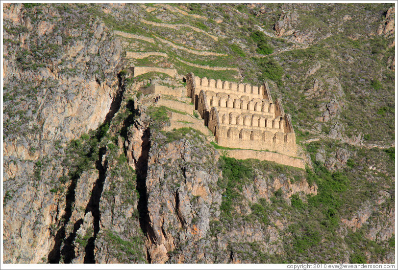 Ruins on Pinkuylluna hill, seen from the Ollantaytambo Fortress.