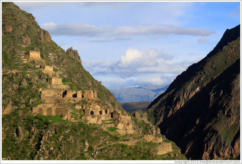 Ruins on Pinkuylluna hill, seen from the Ollantaytambo Fortress.