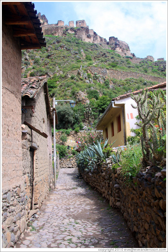 An Inca street, with ruins visible in the background.