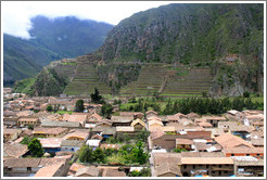 View of houses and Ollantaytambo Fortress from Pinkuylluna hill.