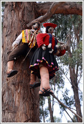 Almost life-sized dolls hanging from a tree, Qenko ruins.