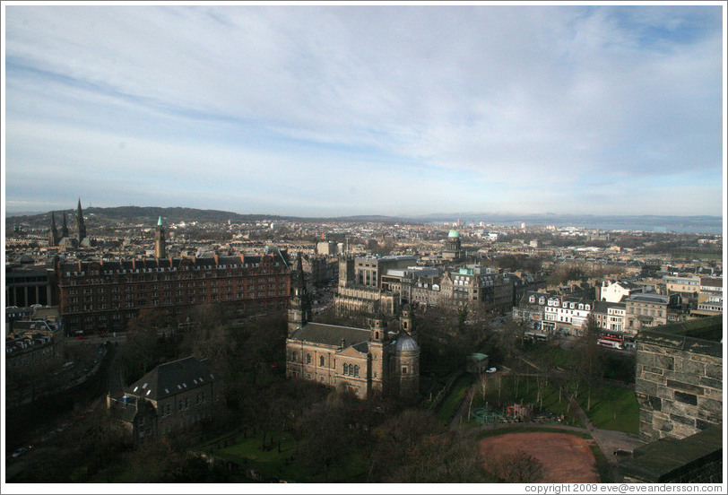 View to the northwest, centered on St. Cuthbert's Parish Church.  Edinburgh Castle.