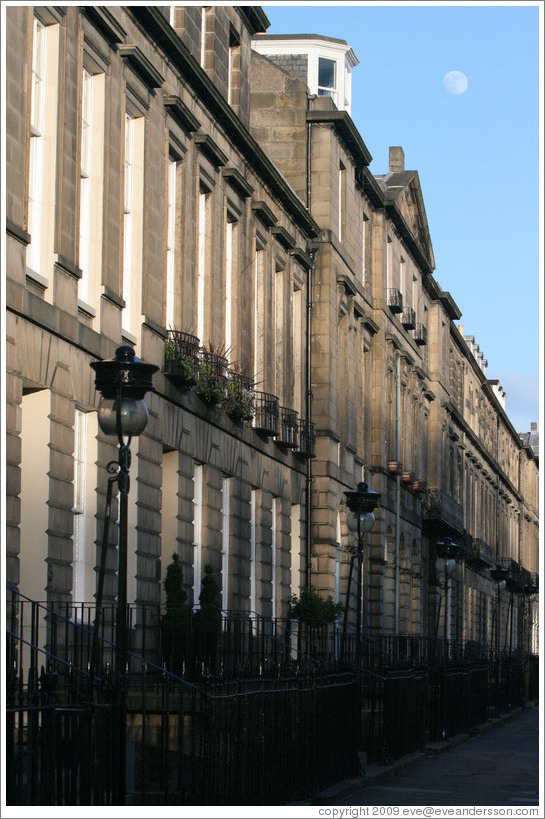 Heriot Row, approaching dusk with the moon visible.  New Town.