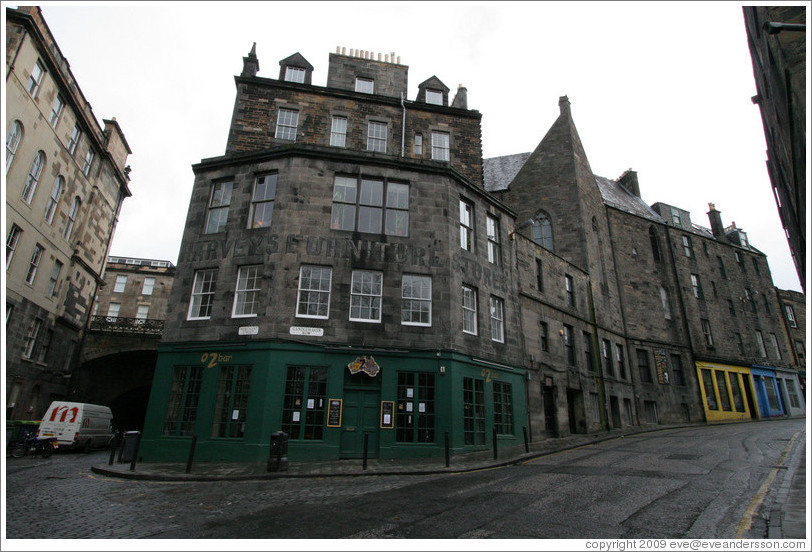 O2 Bar, with the old, painted words, Harvey's Furniture Stores, still visible.  Candlemaker Row.  Old Town.