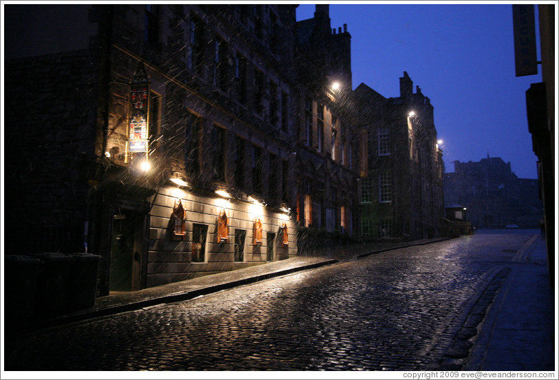 Castlehill, with pre-dawn snow falling.  Old Town.