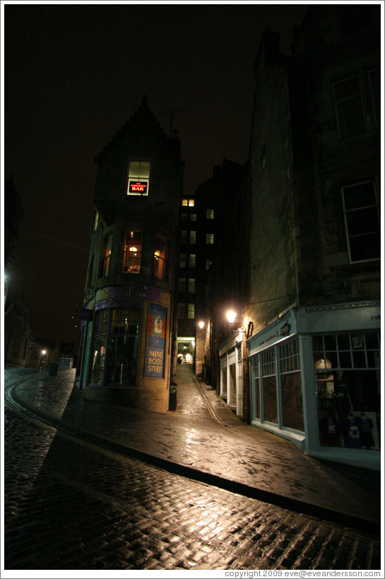 Cockburn Street at night, with a view into Fleshmarket Close.  Old Town.