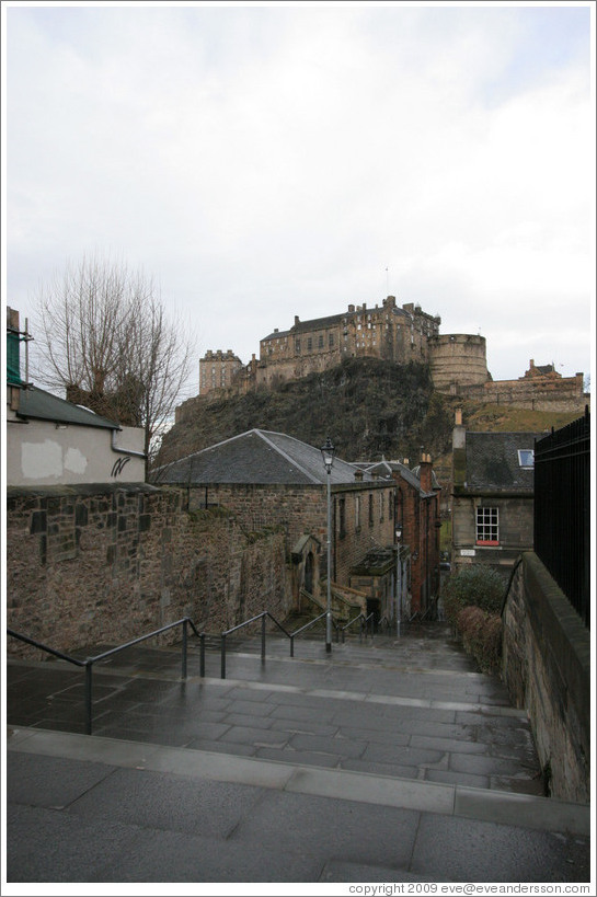 The Vennel with  a view of the Edinburgh Castle.  Old Town.