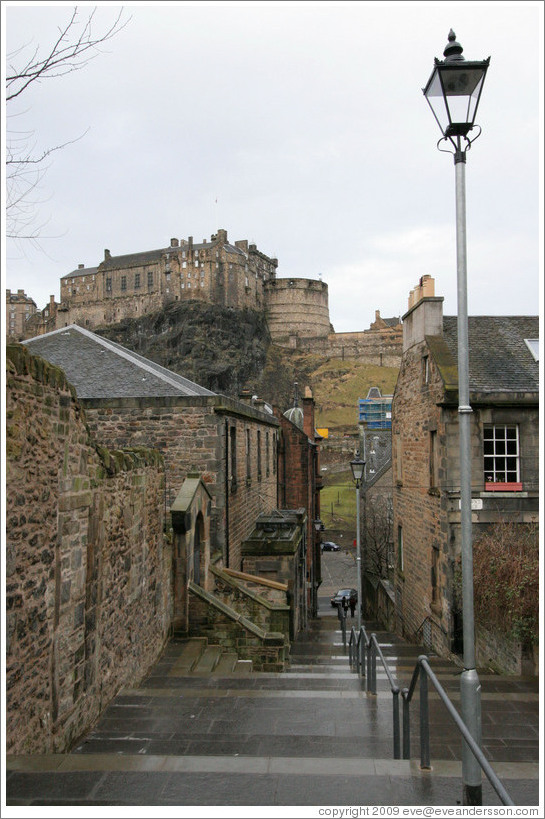 The Vennel with  a view of the Edinburgh Castle.  Old Town.