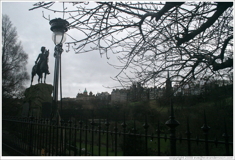 Horse statue and lamppost on an overcast day.  Princes Street Gardens.