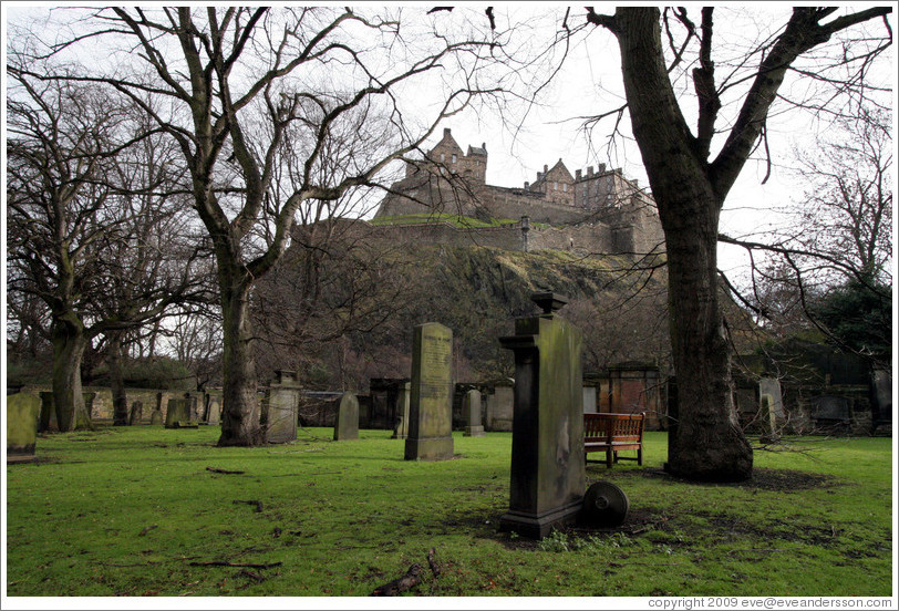 St. Cuthbert's Kirkyard, looking toward the Edinburgh Castle.
