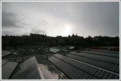 Edinburgh Waverley railway station's roof, with Old Town in the background.