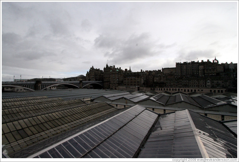 Edinburgh Waverley railway station's roof, with Old Town in the background.