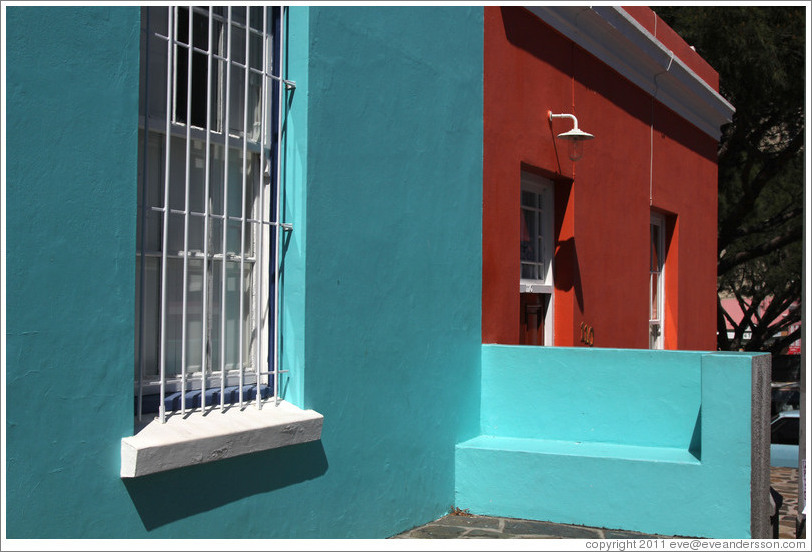 Red and aquamarine houses, corner of Wale Street and Chiappini Street, Bo-Kaap.