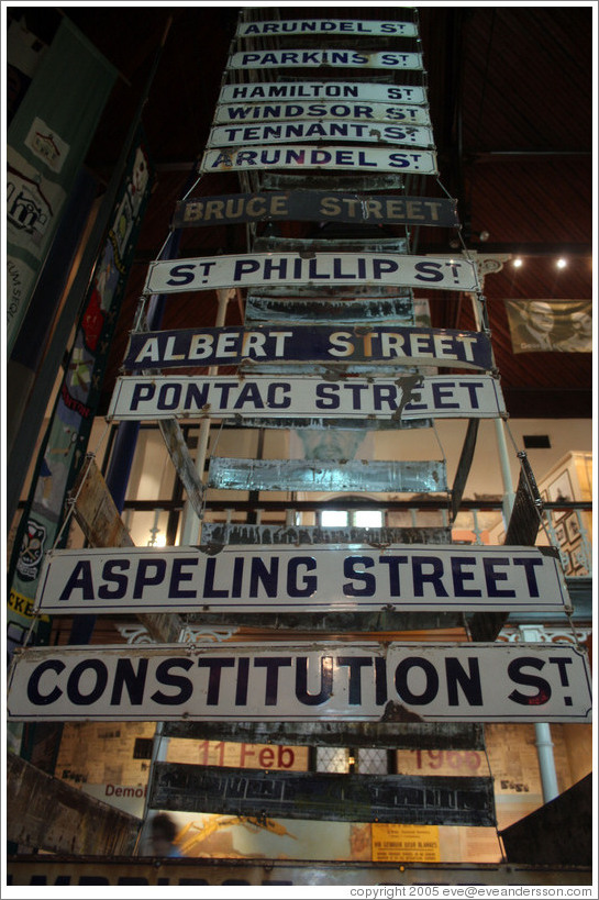 Street signs from District Six, which was torn down, forcing the residents to move to townships.  District Six Museum.