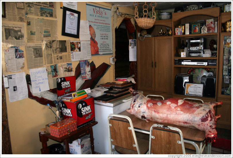 Vicky's B&B.  This is a dead sheep on the dining room table.  Khayelitsha township.