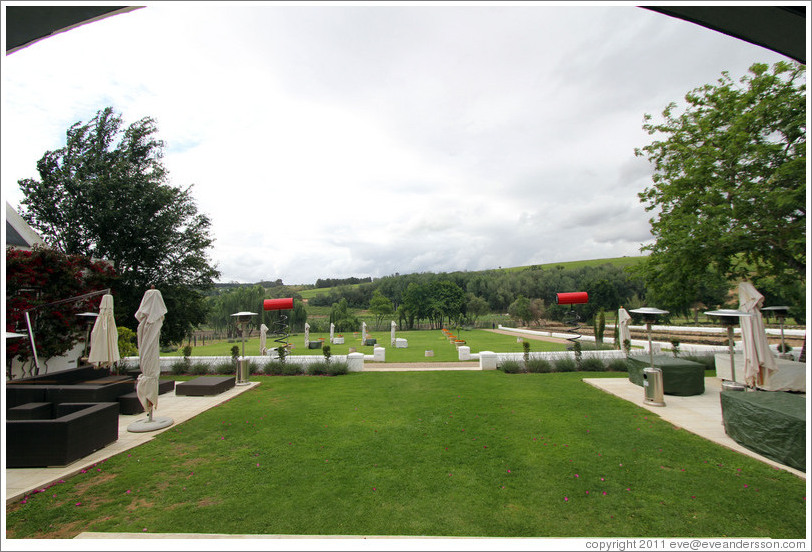 Garden with large corkscrews. Peter Falke winery.