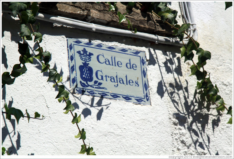 Calle de Grajales street sign, containing pomegranate image, Albaic?