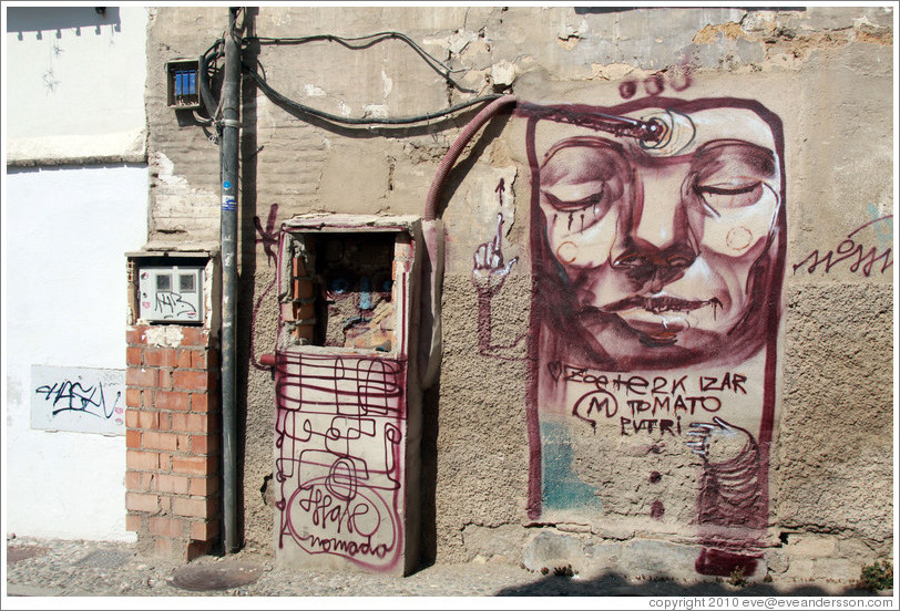 Graffiti. A person's head is being filled with gasoline. Calle de San Juan de los Reyes, Albaic?
