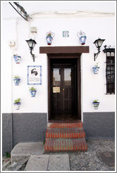 Door of El Agua Casa De Vinos, decorated with flower pots.  Placeta del Aljibe de Trillo.  Albaic?