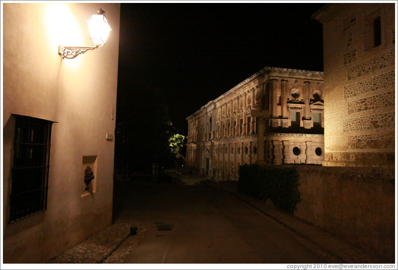 Calle Real and Palacio de Carlos V, Alhambra, at night.