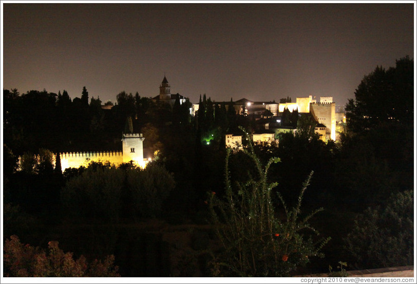 The Alhambra, viewed from Generalife, at night.