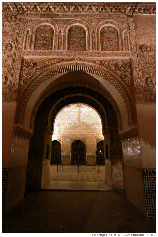 Arch leading to Comares Hall, Nasrid Palace, Alhambra at night.