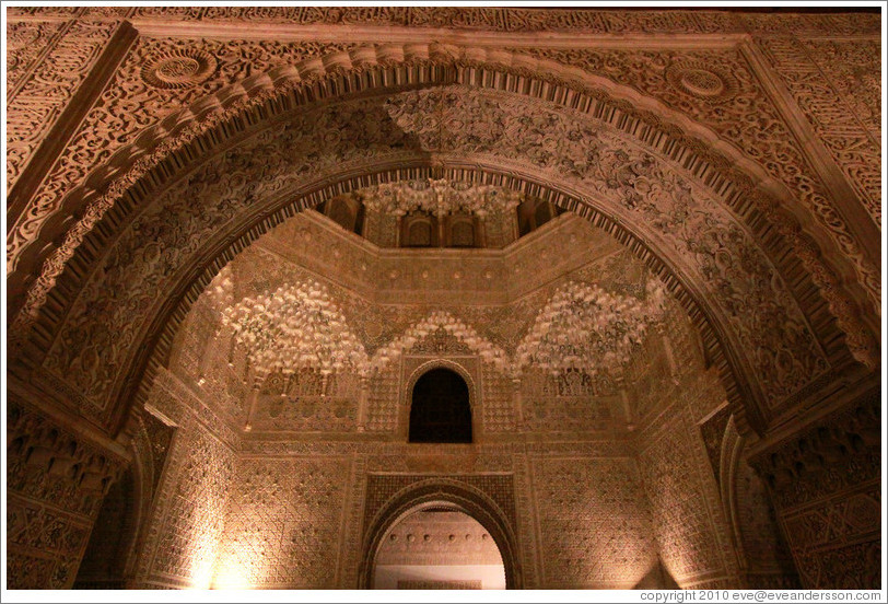 Arch leading to Sala de las Dos Hermanas, Nasrid Palace, Alhambra at night.