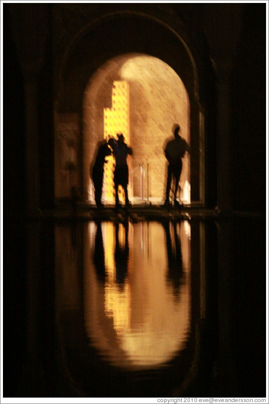 Reflected silhouettes, Patio de los Arrayanes, Nasrid Palace, Alhambra at night.