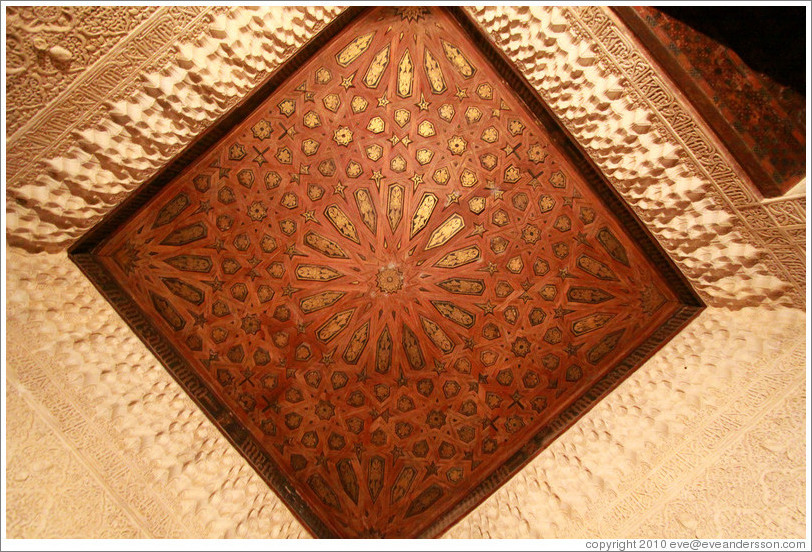 Ceiling, Sala de la Barca, Nasrid Palace, Alhambra at night.