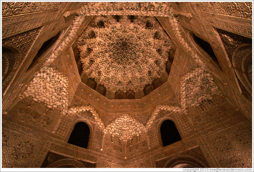 Hexagonal dome, Sala de las Dos Hermanas, Nasrid Palace, Alhambra at night.